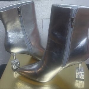 Metallic Silver Pointed Toe Ankle Boots with Crystal Block Heels